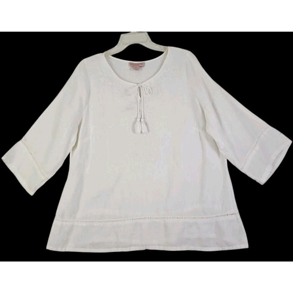 ST TROPEZ LINEN TUNIC ~Woman Plus Size 1X~White Lagenlook V-Neck 3/4 Sleeve Top - Picture 1 of 13